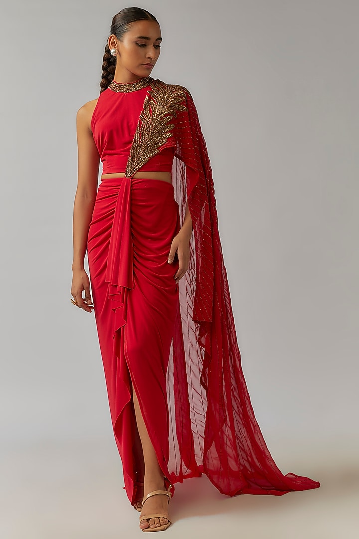 Red Jersey Hand Embellished Draped Concept Wedding Saree Set by Namrata Joshipura at Pernia's Pop Up Shop