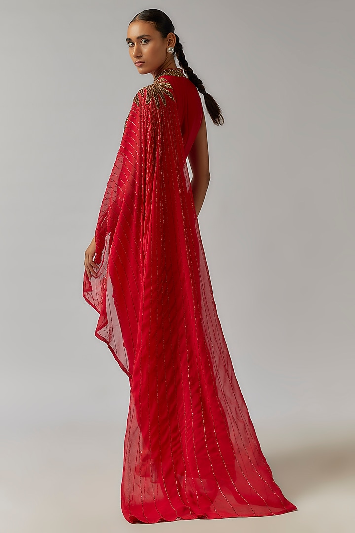 Red Jersey Hand Embellished Draped Concept Wedding Saree Set by Namrata Joshipura at Pernia's Pop Up Shop