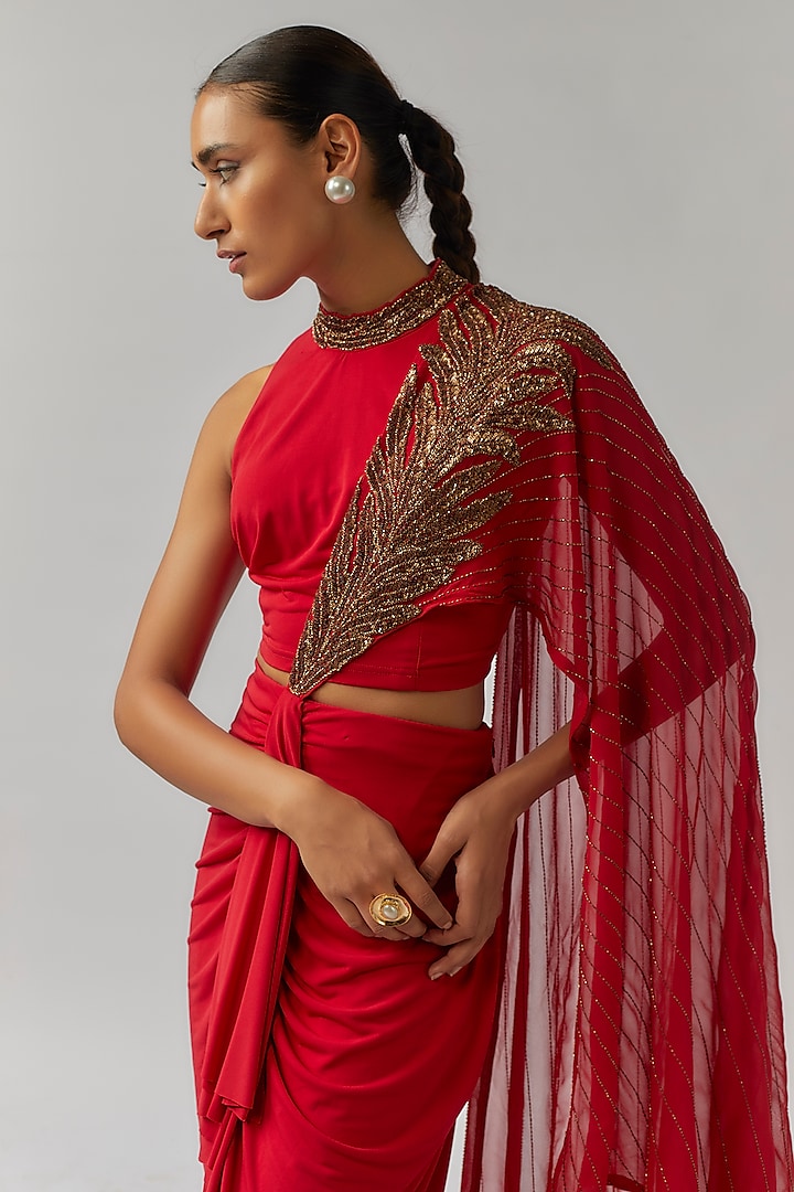 Red Jersey Hand Embellished Draped Concept Wedding Saree Set by Namrata Joshipura at Pernia's Pop Up Shop