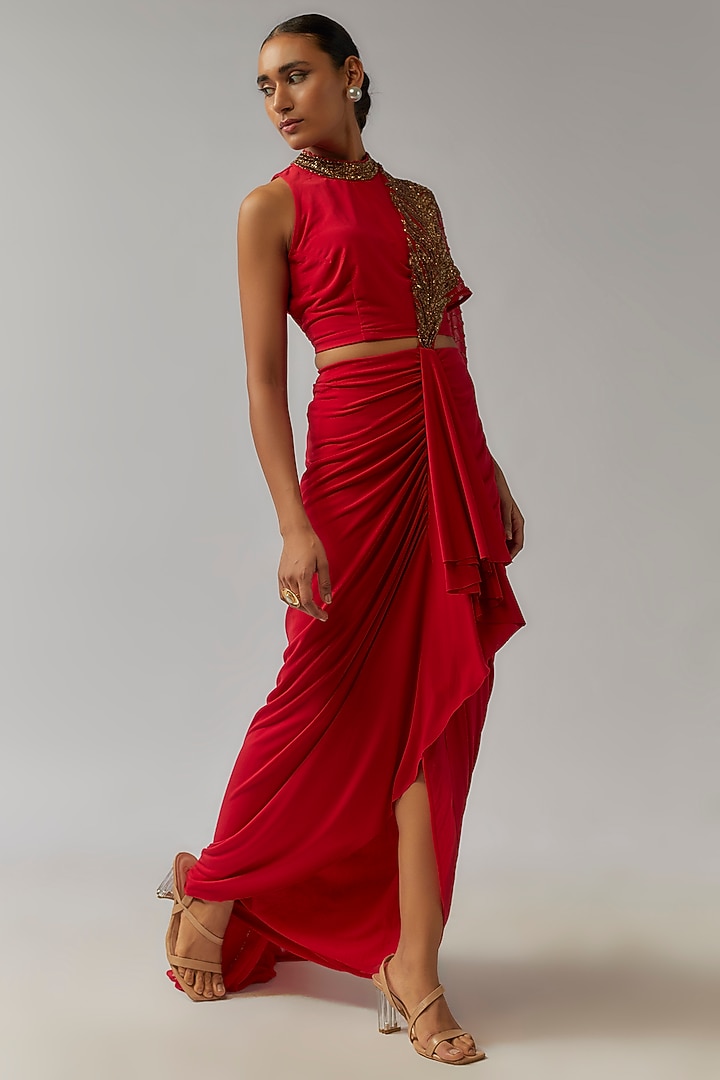 Red Jersey Hand Embellished Draped Concept Wedding Saree Set by Namrata Joshipura at Pernia's Pop Up Shop