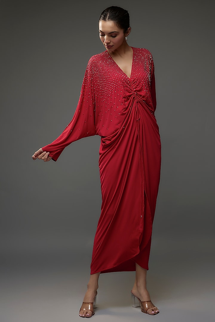 Scarlet Red Jersey Embroidered Dress by Namrata Joshipura