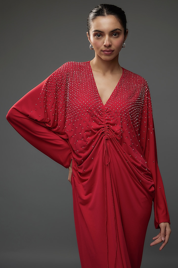 Scarlet Red Jersey Embroidered Cocktail Dress by Namrata Joshipura at Pernia's Pop Up Shop