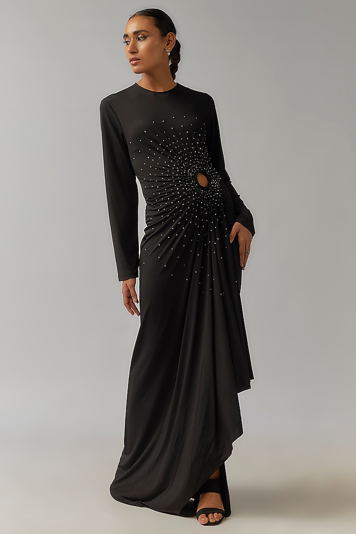 Black Jersey Hand Embellished Cut-Out Gown by Namrata Joshipura at Pernia's Pop Up Shop