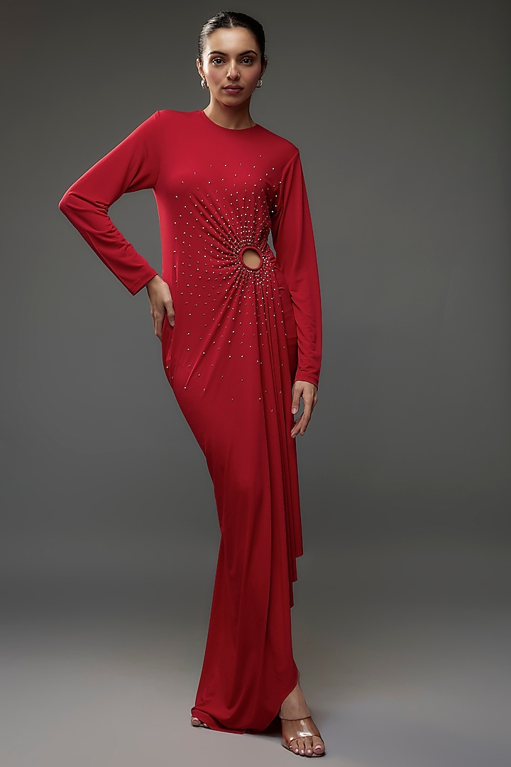 Scarlet Red Jersey Embroidered Gown by Namrata Joshipura