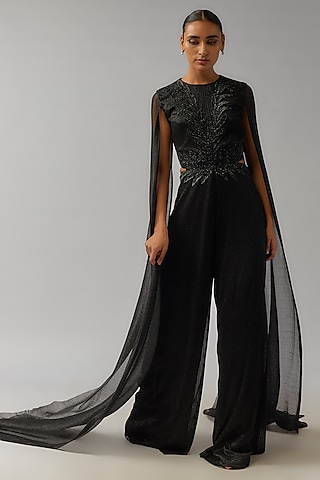 Black Shimmer Crepe Floral Hand Embellished Jumpsuit by Namrata Joshipura