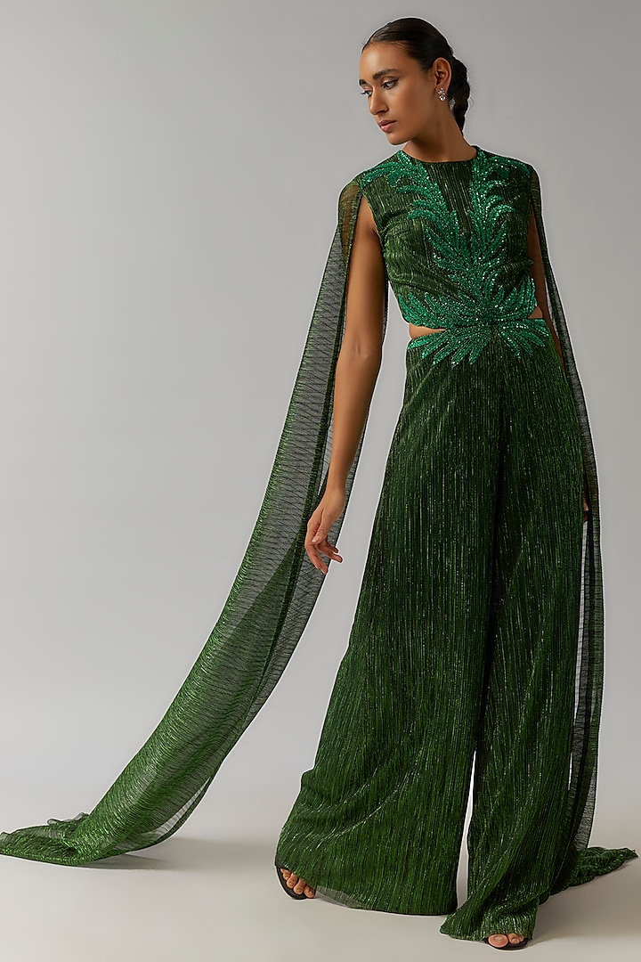 Forest Green Shimmer Crepe Floral Hand Embellished Jumpsuit by Namrata Joshipura at Pernia's Pop Up Shop