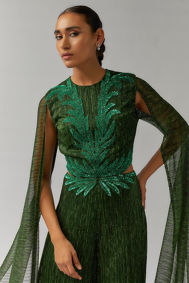 Forest Green Shimmer Crepe Floral Hand Embellished Jumpsuit by Namrata Joshipura at Pernia's Pop Up Shop