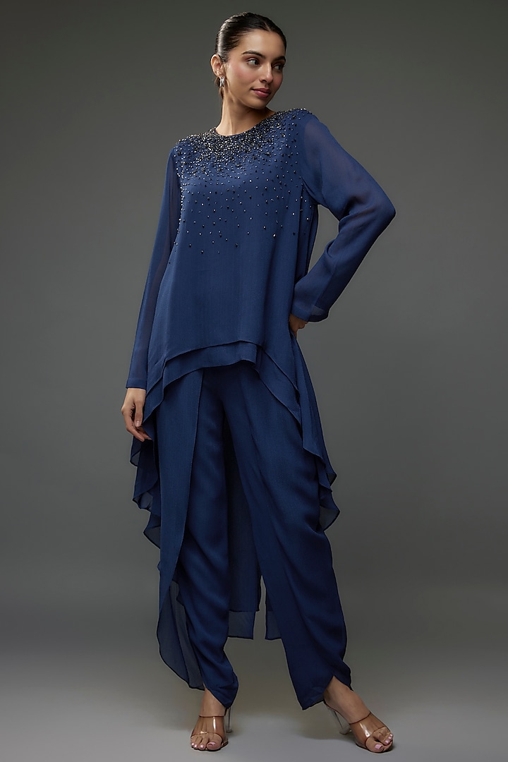 Midnight Blue Viscose Georgette Embroidered Co-Ord Set by Namrata Joshipura at Pernia's Pop Up Shop