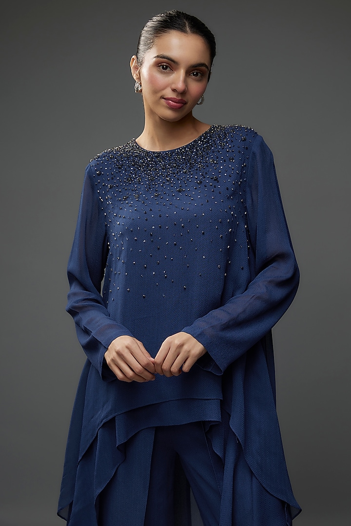Midnight Blue Viscose Georgette Embroidered Co-Ord Set by Namrata Joshipura at Pernia's Pop Up Shop