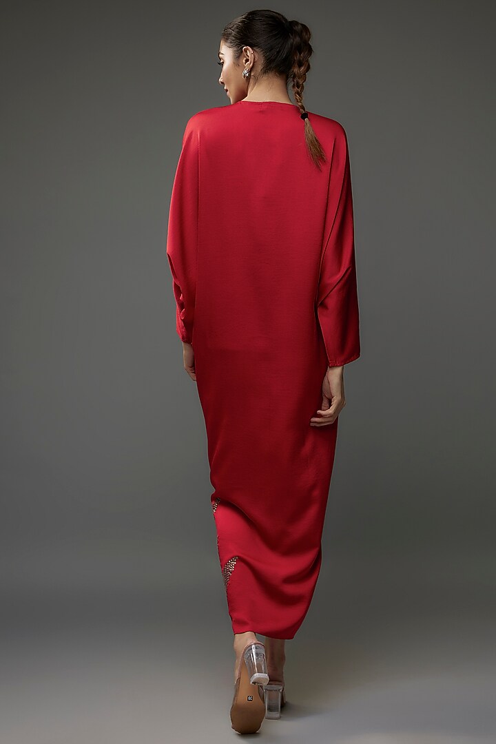 Scarlet Red Satin Embroidered Kaftan by Namrata Joshipura at Pernia's Pop Up Shop