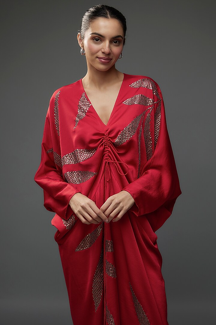 Scarlet Red Satin Embroidered Kaftan by Namrata Joshipura at Pernia's Pop Up Shop