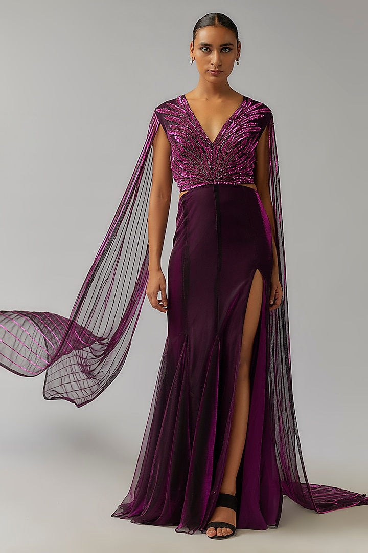 Plum Shimmer Crepe Floral Hand Embellished Gown by Namrata Joshipura at Pernia's Pop Up Shop