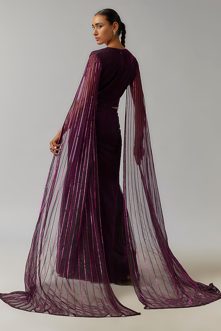 Plum Shimmer Crepe Floral Hand Embellished Engagement Gown by Namrata Joshipura at Pernia's Pop Up Shop