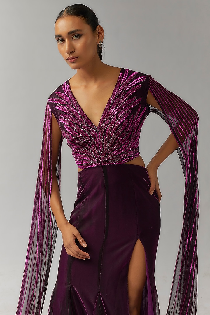 Plum Shimmer Crepe Floral Hand Embellished Engagement Gown by Namrata Joshipura at Pernia's Pop Up Shop
