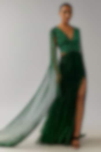 Hunter Green Shimmer Crepe Floral Hand Embellished Gown by Namrata Joshipura at Pernia's Pop Up Shop