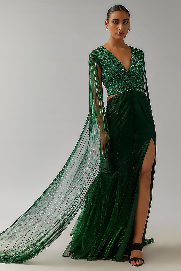 Hunter Green Shimmer Crepe Floral Hand Embellished Gown by Namrata Joshipura at Pernia's Pop Up Shop