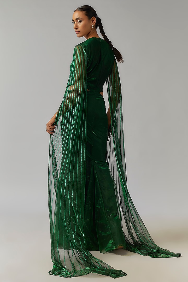 Hunter Green Shimmer Crepe Floral Hand Embellished Engagement Gown by Namrata Joshipura at Pernia's Pop Up Shop
