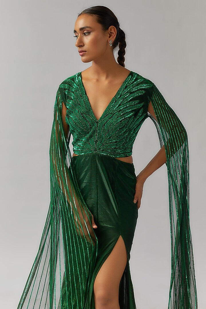 Hunter Green Shimmer Crepe Floral Hand Embellished Engagement Gown by Namrata Joshipura at Pernia's Pop Up Shop