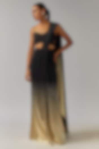 Black & Gold Shimmer Pleated Saree Set by Namrata Joshipura