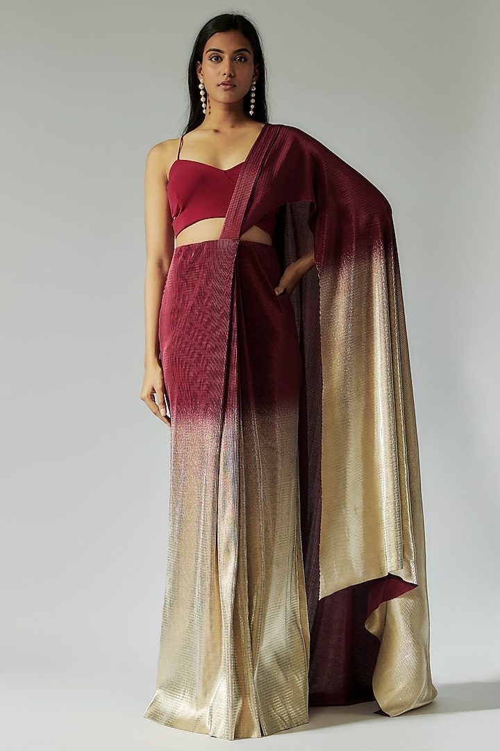 Sangria & Gold Shimmer Pleated Saree by Namrata Joshipura at Pernia's Pop Up Shop