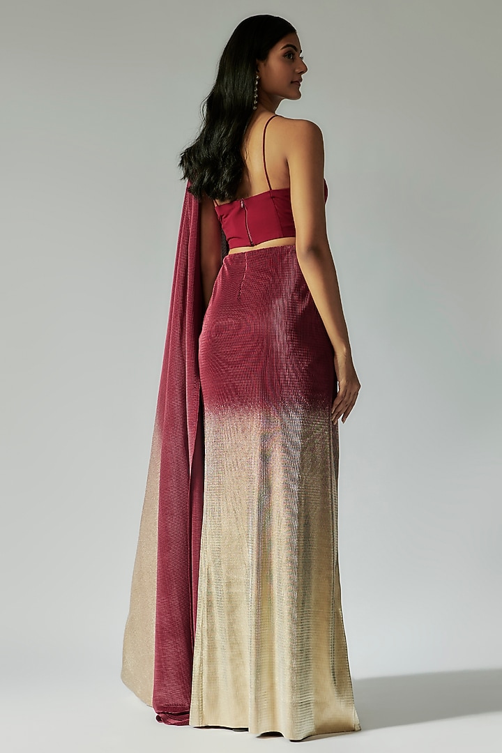 Sangria & Gold Shimmer Pleated Wedding Saree by Namrata Joshipura at Pernia's Pop Up Shop