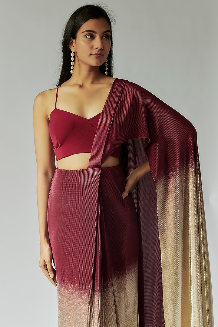Sangria & Gold Shimmer Pleated Wedding Saree by Namrata Joshipura at Pernia's Pop Up Shop