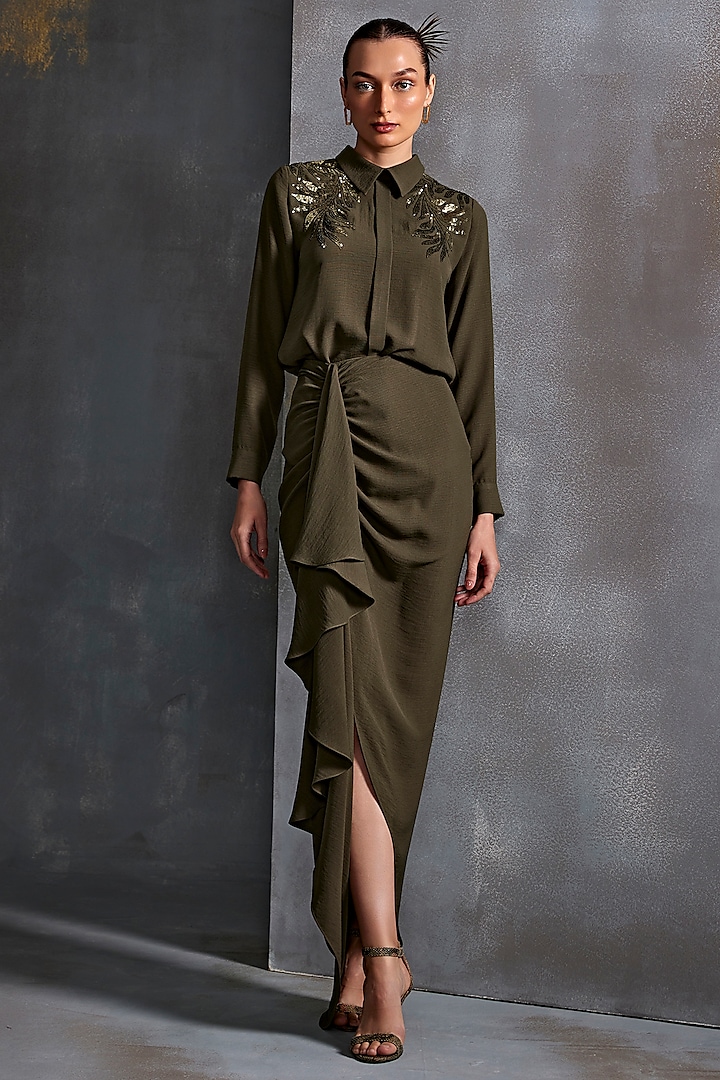 Olive Twill Crepe Floral Hand Embellished Boxy Shirt by Namrata Joshipura at Pernia's Pop Up Shop