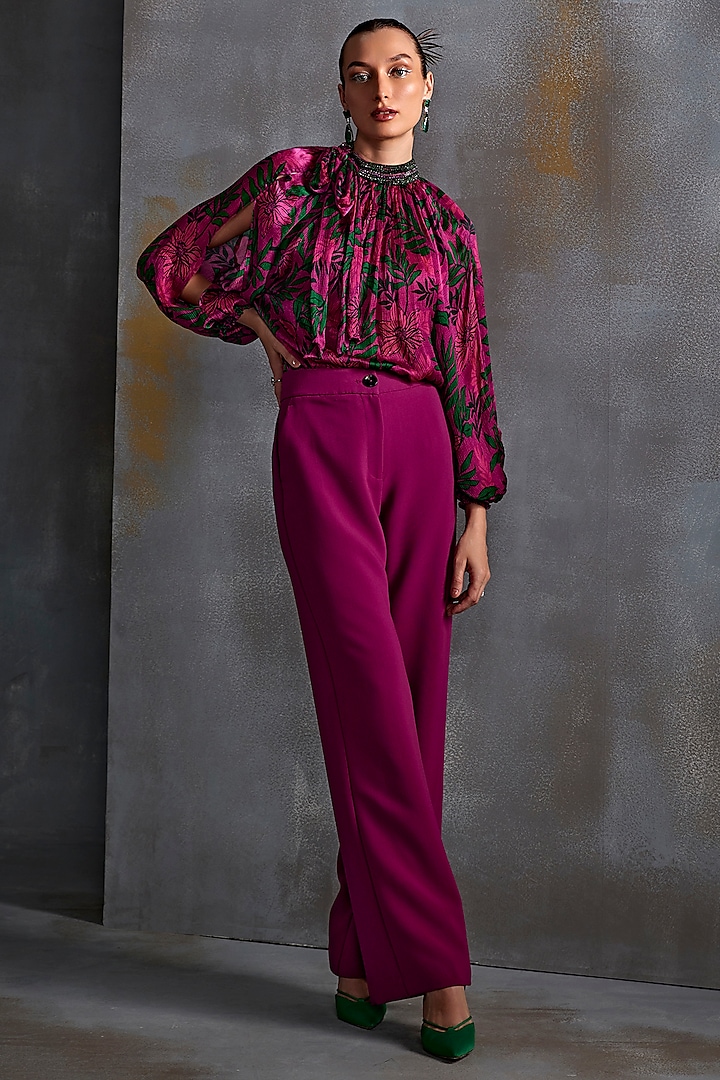 Magenta Crinkled Cupro Silk Hand Embellished Top by Namrata Joshipura at Pernia's Pop Up Shop