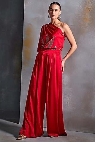 Red Satin Floral Hand Embellished One-Shoulder Top by Namrata Joshipura