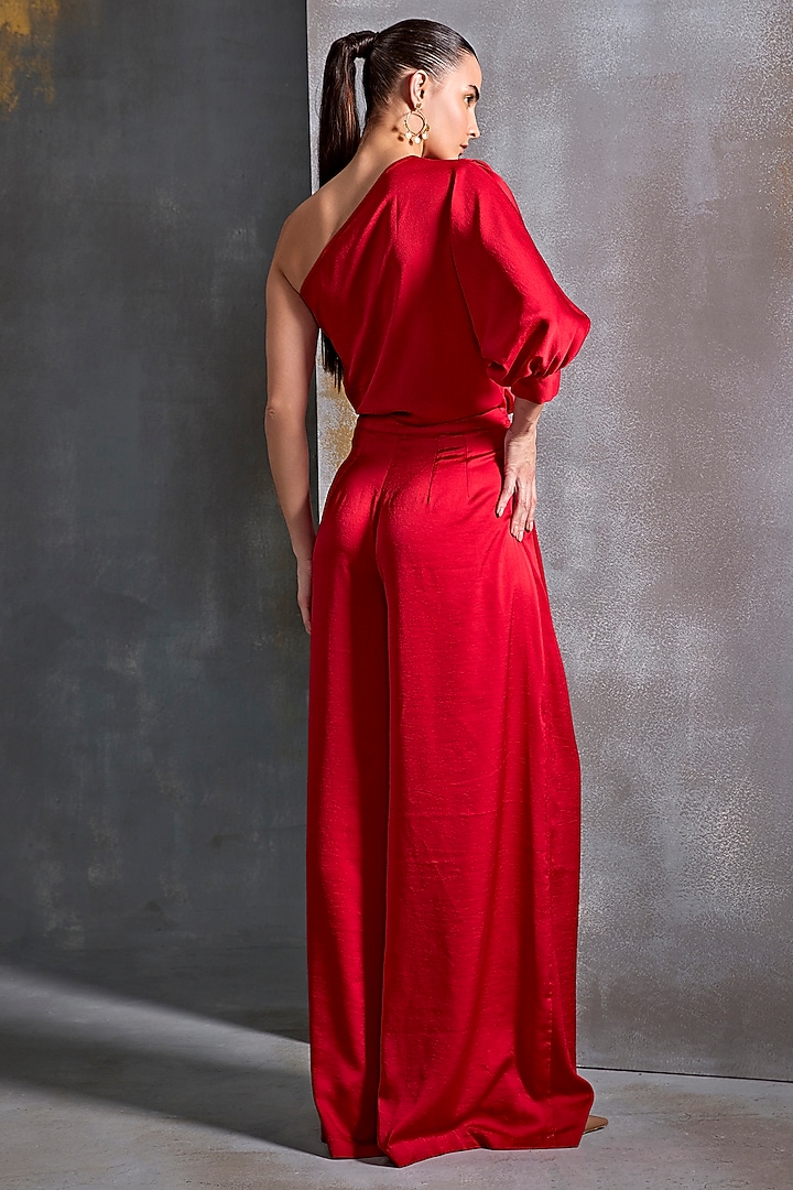 Red Satin Floral Hand Embellished One-Shoulder Top by Namrata Joshipura at Pernia's Pop Up Shop