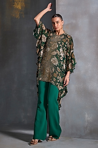 Hunter Green Georgette Hand Embellished Frilled Tunic by Namrata Joshipura