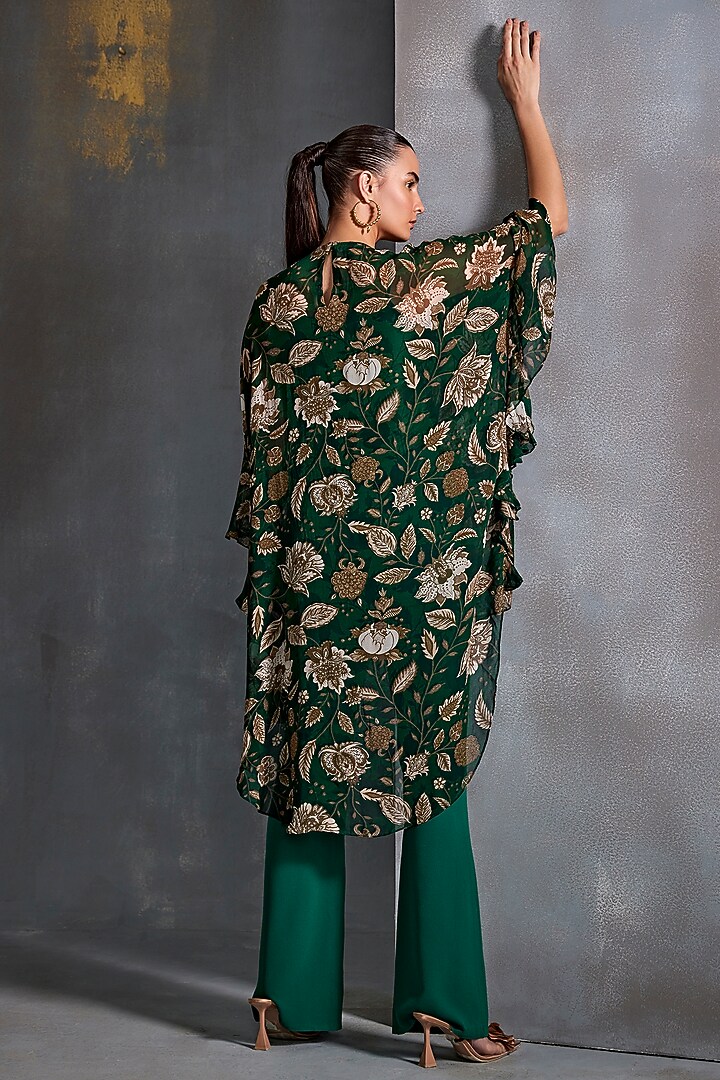 Hunter Green Georgette Hand Embellished Frilled Tunic by Namrata Joshipura at Pernia's Pop Up Shop