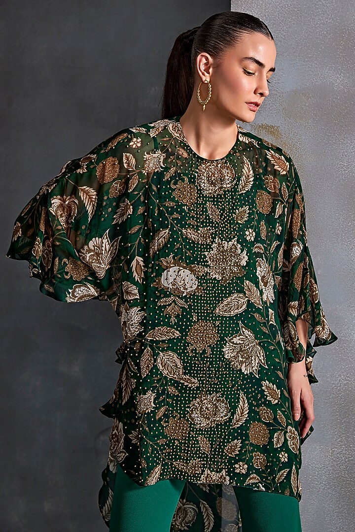Hunter Green Georgette Hand Embellished Frilled Tunic by Namrata Joshipura at Pernia's Pop Up Shop