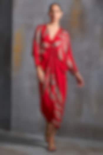 Scarlet Satin Floral Hand Embellished Draped Dress by Namrata Joshipura at Pernia's Pop Up Shop