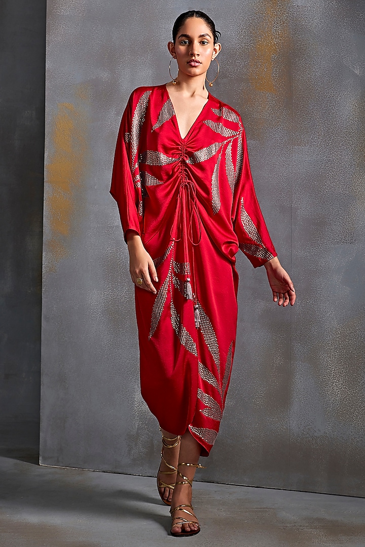 Scarlet Satin Floral Hand Embellished Draped Dress by Namrata Joshipura at Pernia's Pop Up Shop