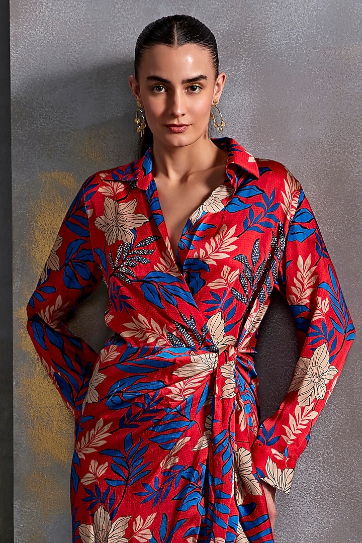 Scarlet Satin Floral Hand Embellished Tie-Up Vacation Dress by Namrata Joshipura at Pernia's Pop Up Shop