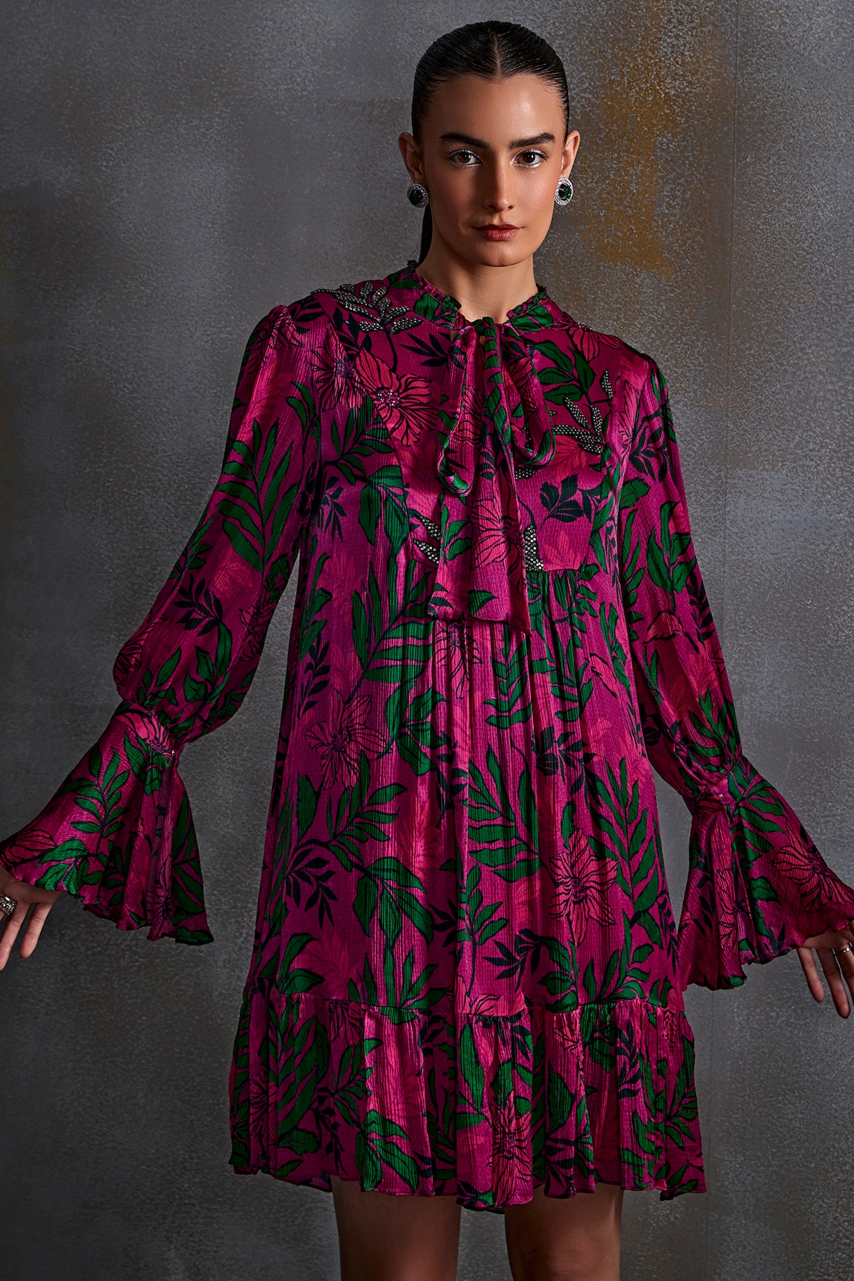 Magenta Crinkled Cupro Silk Floral Hand Embellished Boho  