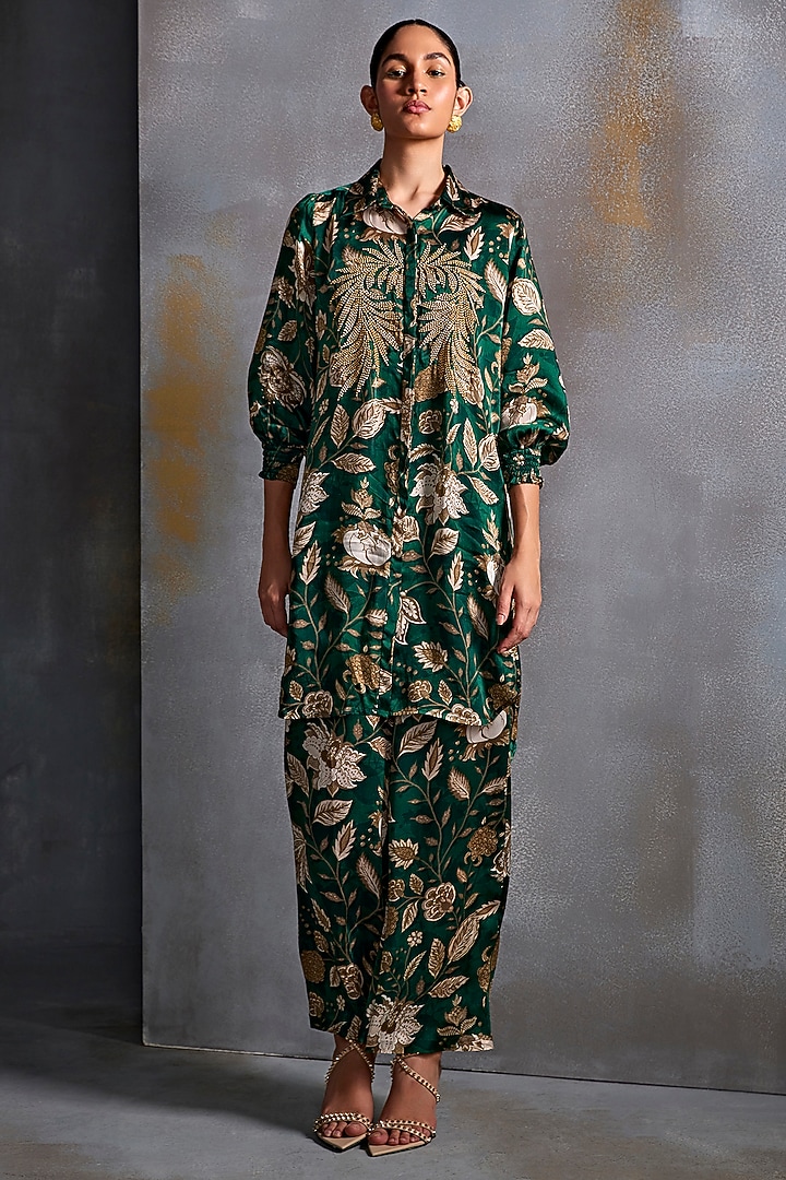 Hunter Green Cupro Satin Hand Embellished Co-Ord Set by Namrata Joshipura at Pernia's Pop Up Shop