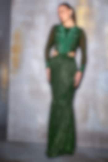 Hunter Green Shimmer Crepe Floral Hand Embellished Cut-Out Gown by Namrata Joshipura