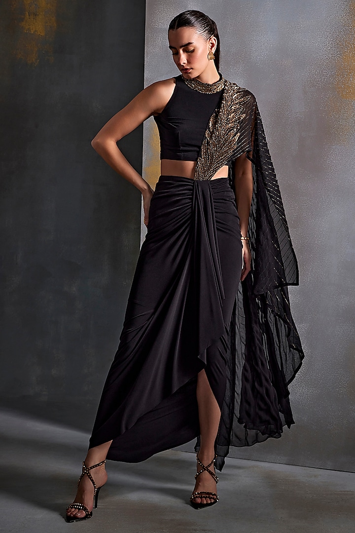 Black Jersey Hand Embellished Draped Saree Set by Namrata Joshipura