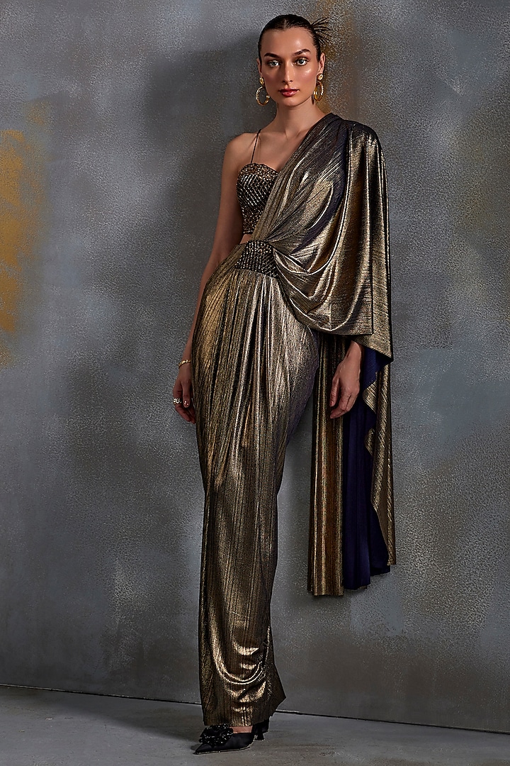 Gold Jersey Draped Foil Saree Set by Namrata Joshipura at Pernia's Pop Up Shop