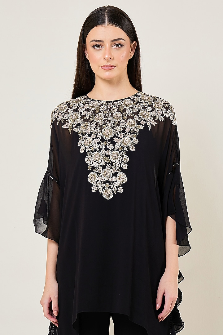 Black Viscose Georgette Frilled Tunic by Namrata Joshipura at Pernia's Pop Up Shop