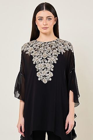 Black Viscose Georgette Frilled Tunic by Namrata Joshipura