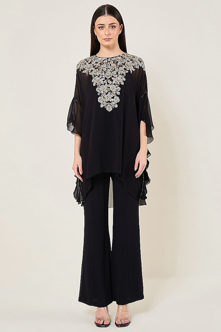 Black Viscose Georgette Frilled Tunic by Namrata Joshipura at Pernia's Pop Up Shop