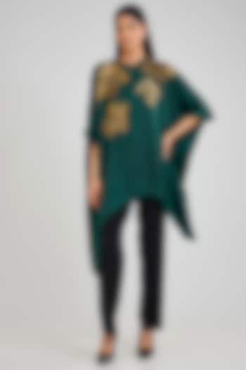 Hunter Green Textured Crepe Hand Embellished Asymmetric Tunic by Namrata Joshipura at Pernia's Pop Up Shop