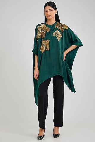 Hunter Green Textured Crepe Hand Embellished Asymmetric Tunic by Namrata Joshipura
