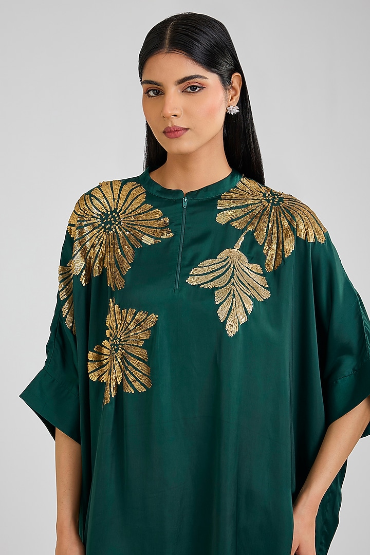 Hunter Green Textured Crepe Hand Embellished Asymmetric Tunic by Namrata Joshipura at Pernia's Pop Up Shop
