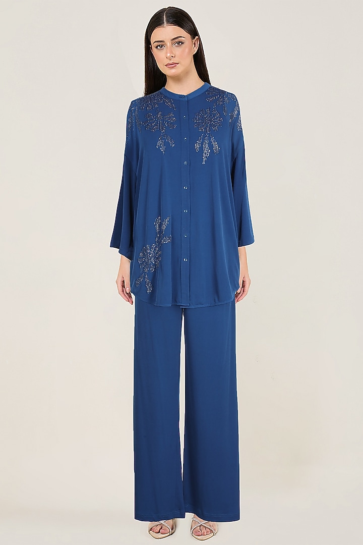 Teal Blue Jersey Co-Ord Set by Namrata Joshipura at Pernia's Pop Up Shop