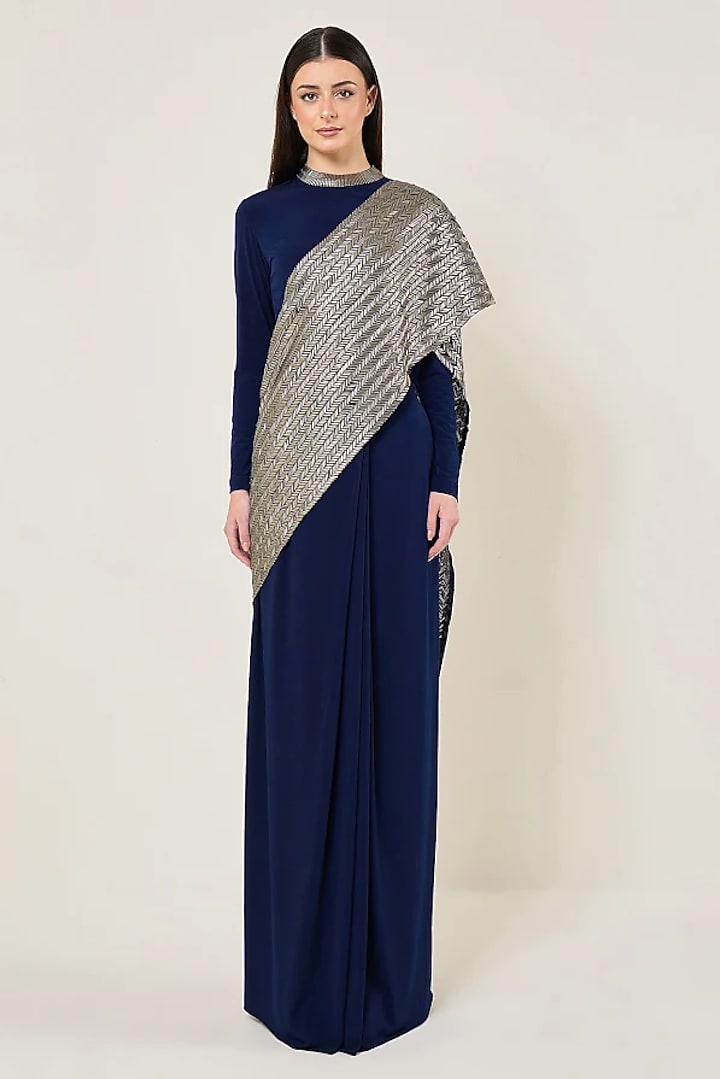 Navy Jersey Embellished Reception Saree Set by Namrata Joshipura at Pernia's Pop Up Shop