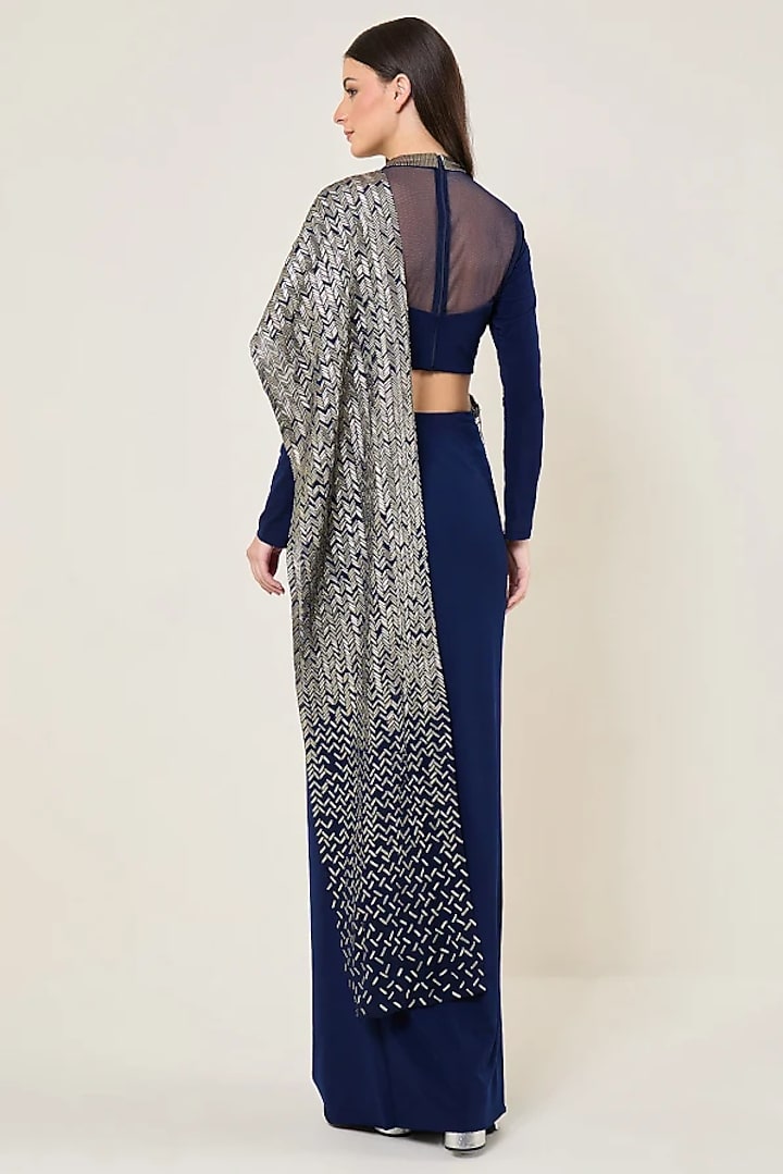 Navy Jersey Embellished Reception Saree Set by Namrata Joshipura at Pernia's Pop Up Shop